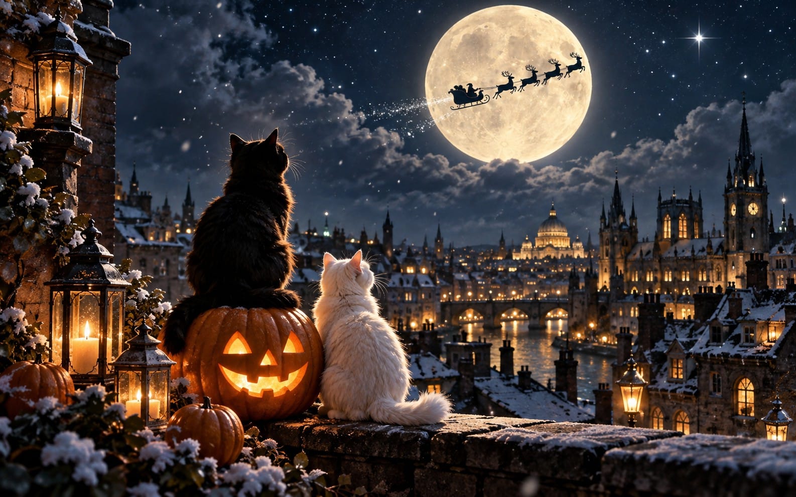 Halloween horror digital art background with black and white cats on a snowy castle wall, glowing jack-o-lantern and