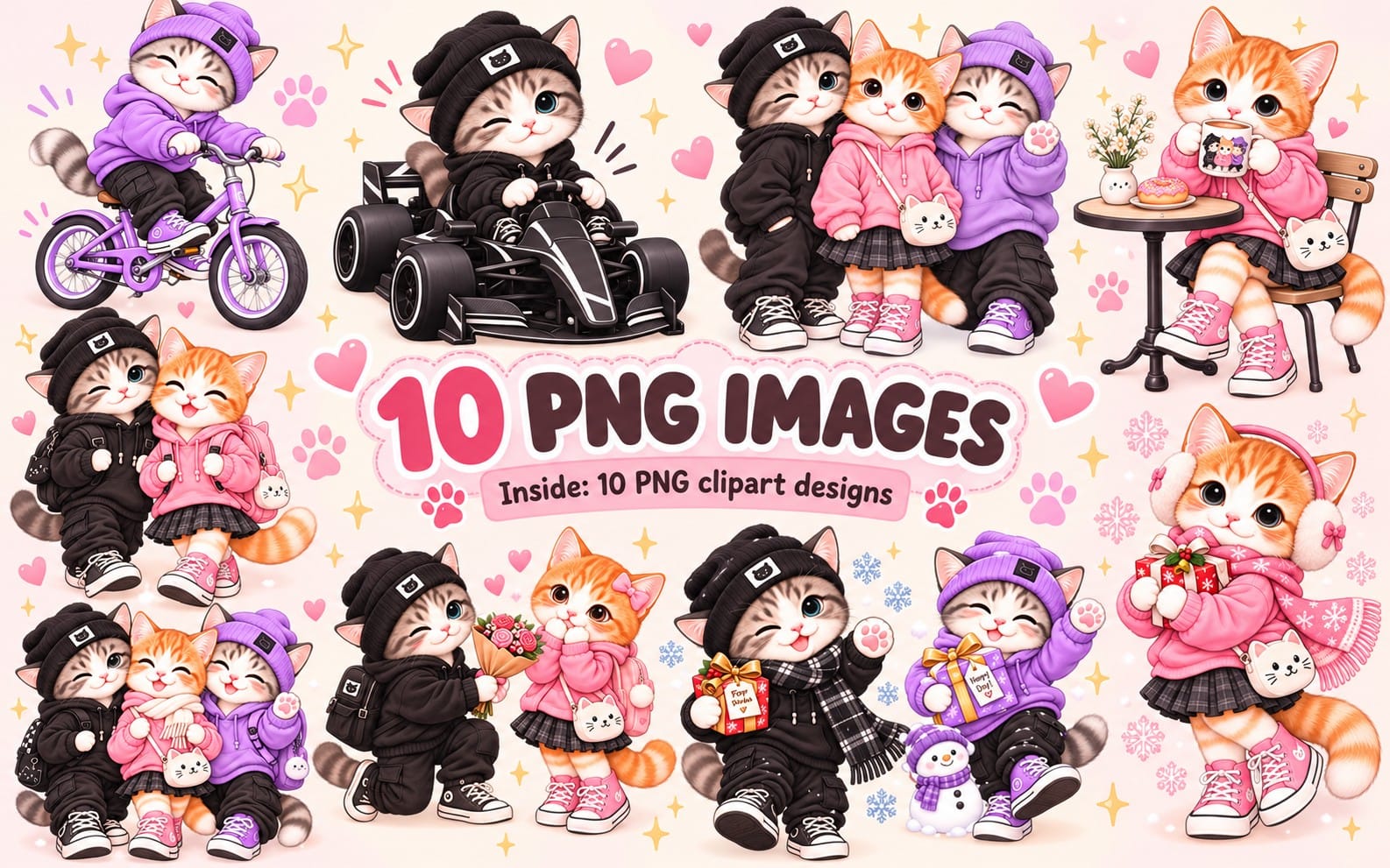 Cute kittens in hoodies and winter outfits with bikes, cars, and accessories, bundle of 10 PNG clipart designs