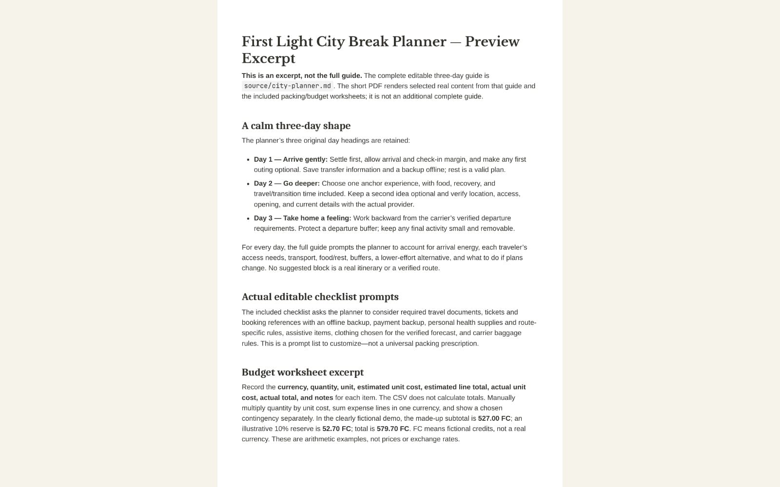First Light City Break Planner