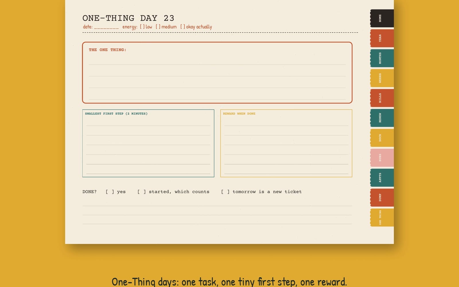 Undated one-thing day layout from a paper trail life-admin digital planner PDF with checklist boxes and section tabs