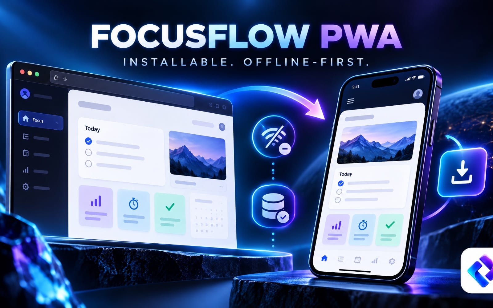 Promotional banner for FocusFlow PWA starter showing app UI on tablet and smartphone with offline-first icons