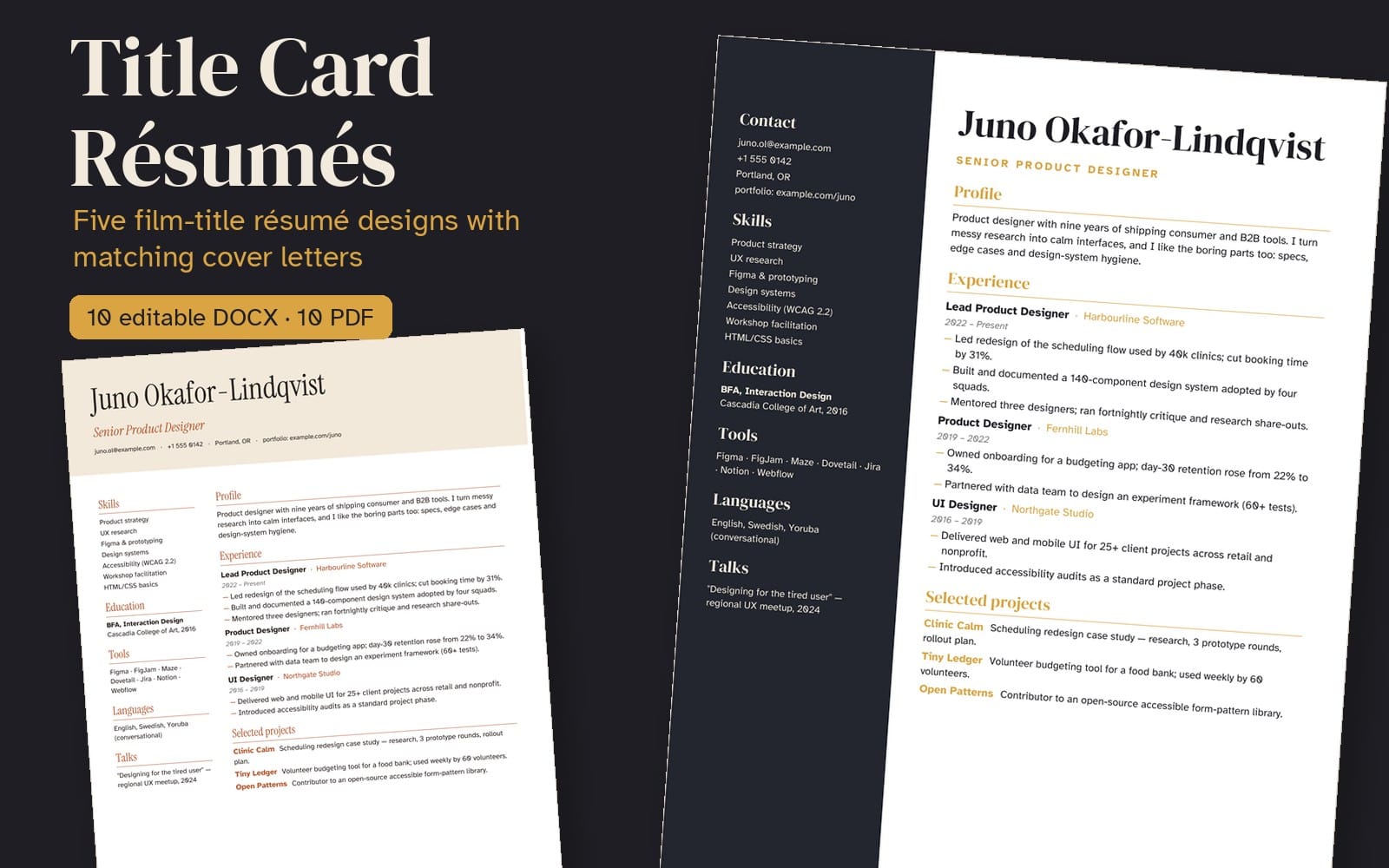 Film-title style resume and cover letter templates with editable Word DOCX layouts shown on a dark promotional banner