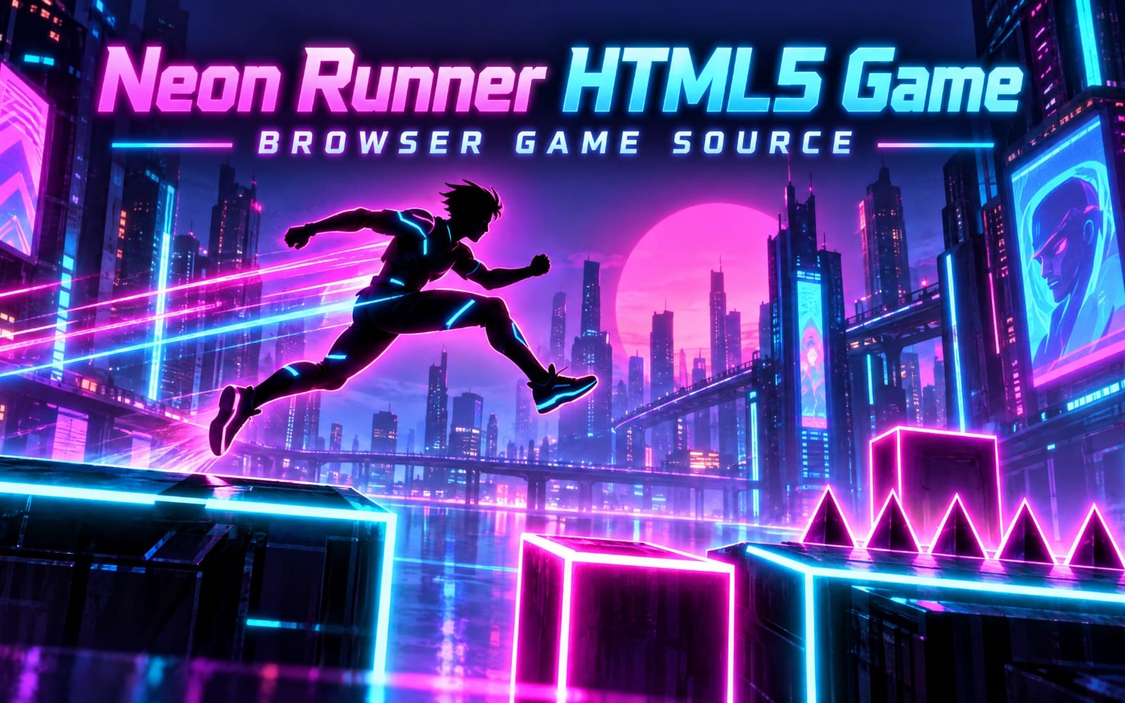 Neon cyberpunk runner HTML5 game cover with glowing title, silhouetted runner, and cityscape platforms