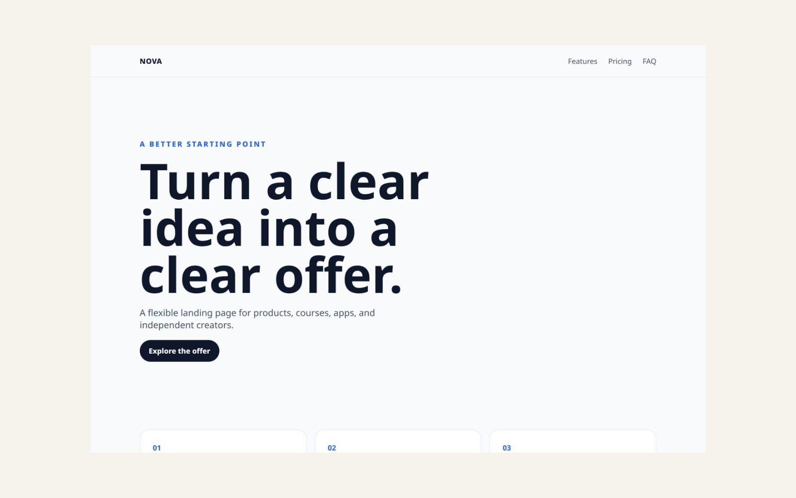 Actual Nova v1.1.0 desktop hero excerpt rendered from the included HTML/CSS/JavaScript at 1360px viewport; default sample content, not the full page, a deployed business or a connected checkout