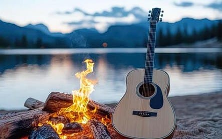 Wood acoustic guitar leaning beside a campfire by a lake, promotional digital donation for support 1$
