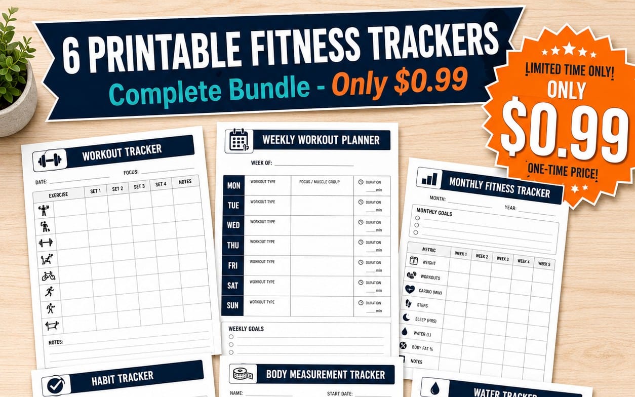 6 Printable Fitness Trackers Bundle | Workout, Habit, Water & Body Measurement Log Sheets