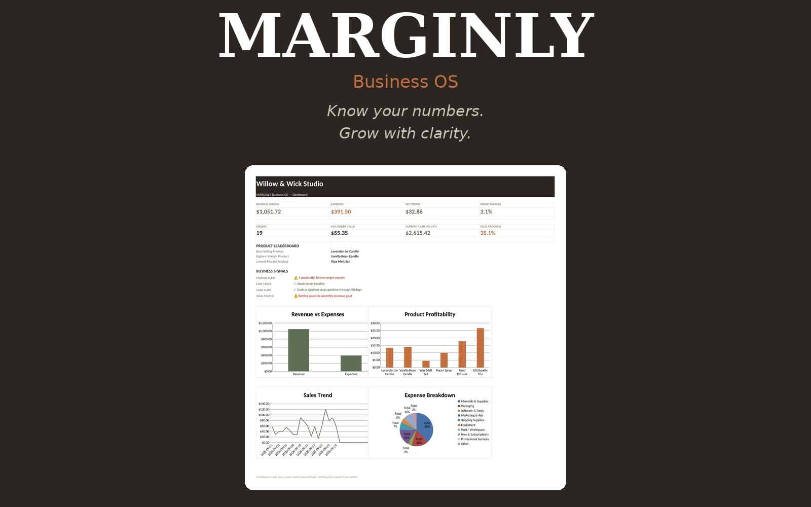 MARGINLY Business OS dashboard mockup with charts, tables, and revenue analytics screenshot