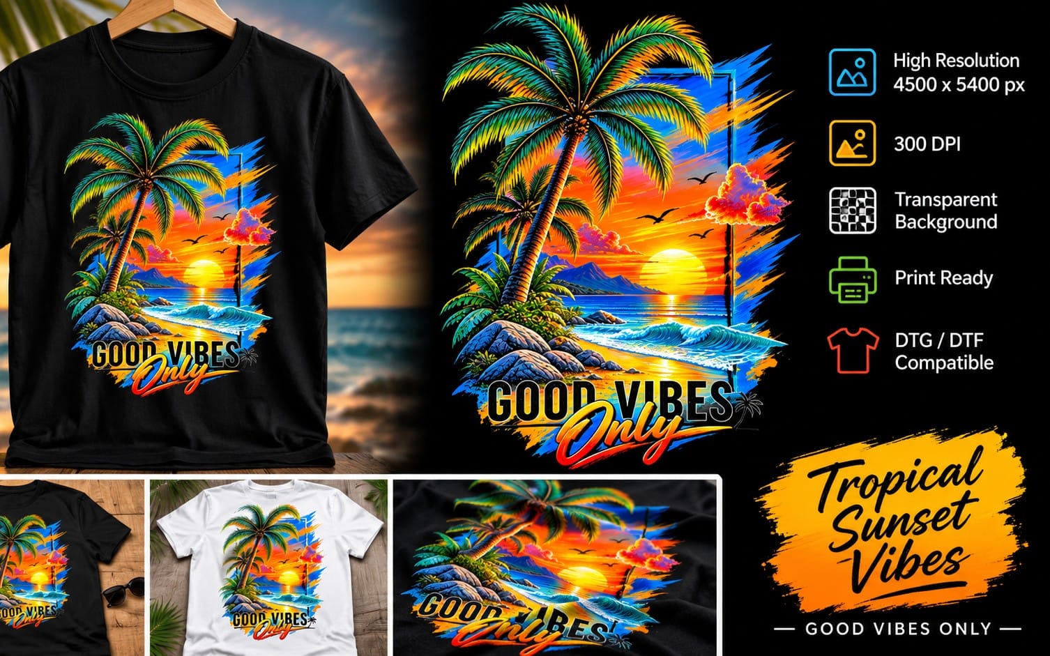 Good Vibes Only – Tropical Sunset T-Shirt PNG