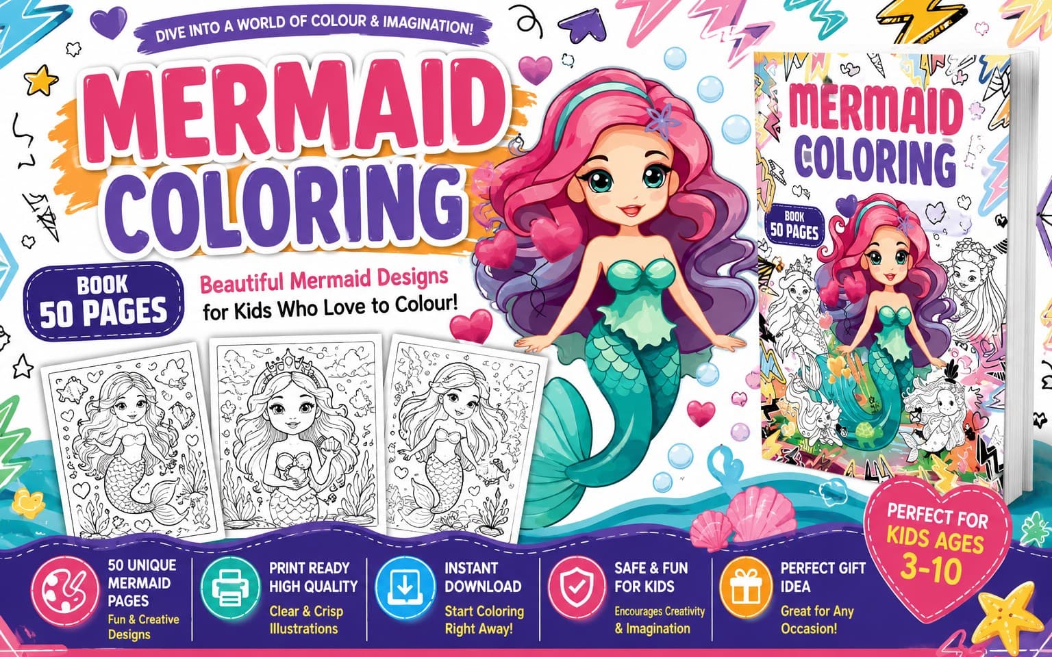 Mermaid Coloring Book for Kids | Printable PDF Coloring Pages | Cute & Easy Mermaid Designs