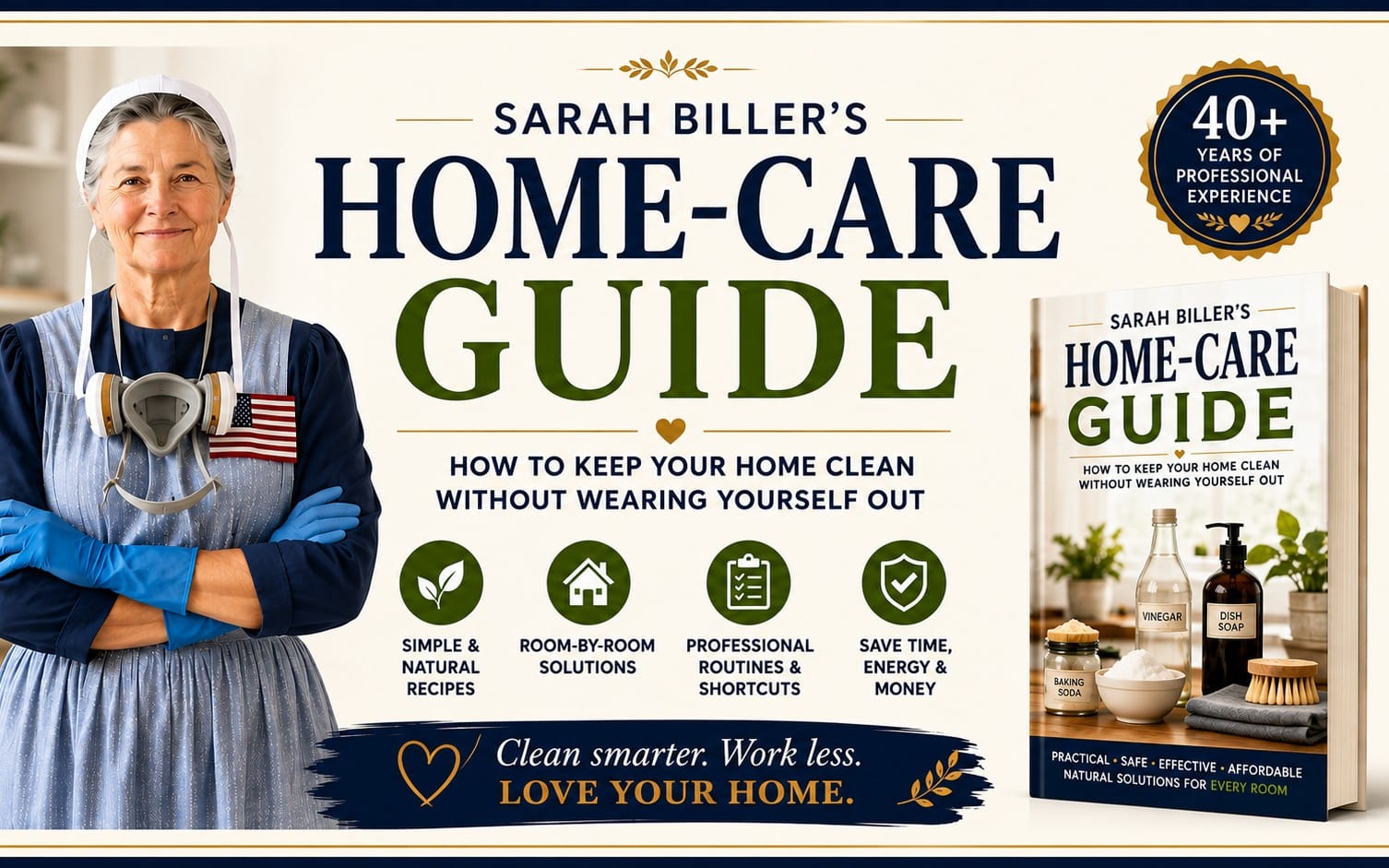 Promotional ebook cover for Sarah Biller’s Home-Care Guide with woman wearing mask, cleaning icons, and book mockup