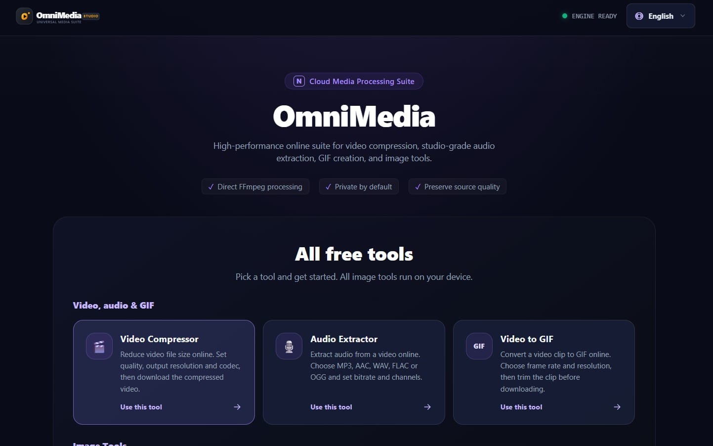 OmniMedia universal media processing suite landing page with video compressor, audio extractor, and video-to-GIF tools