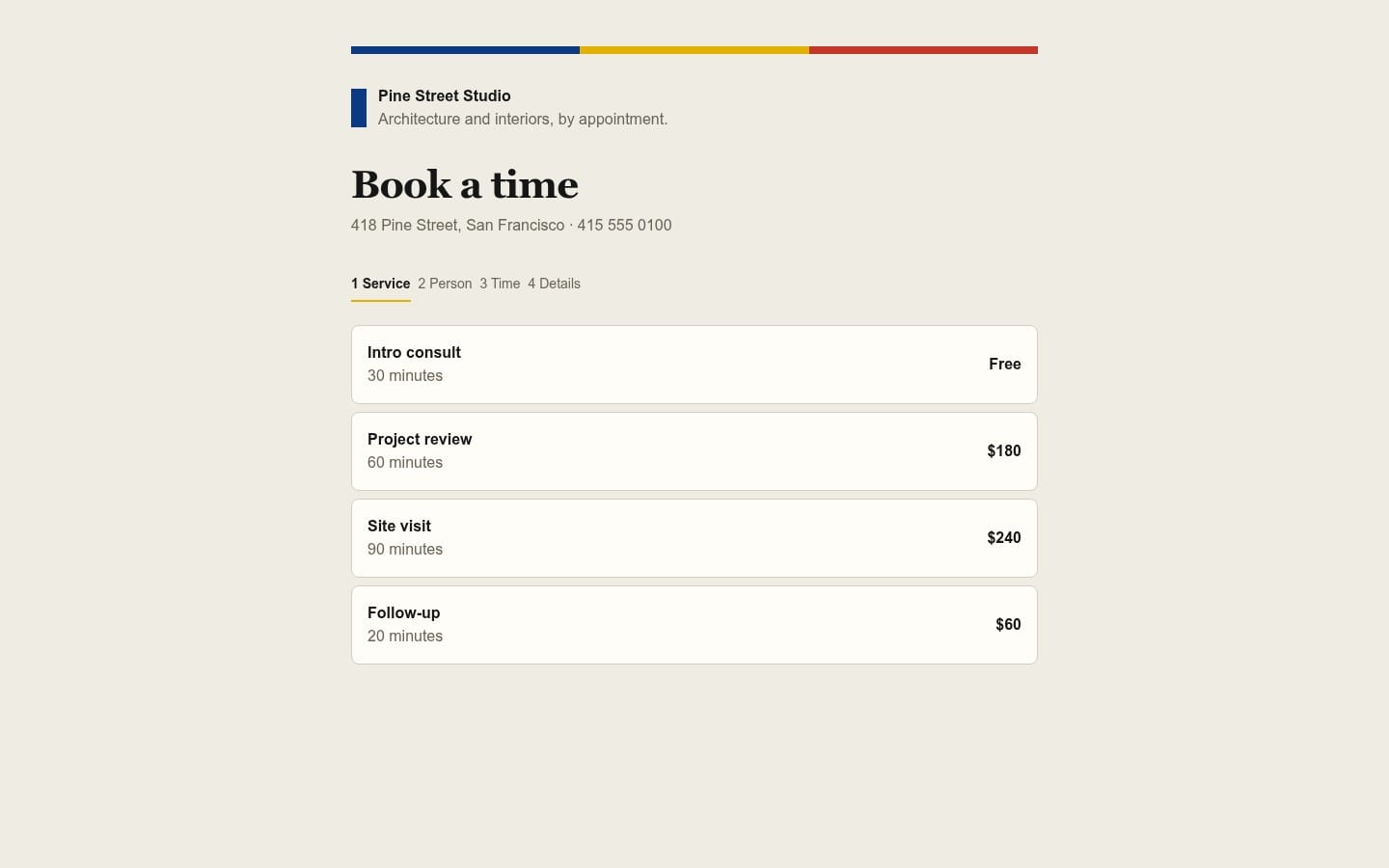Daybook HTML appointment booking template showing a “Book a time” page with service cards and pricing