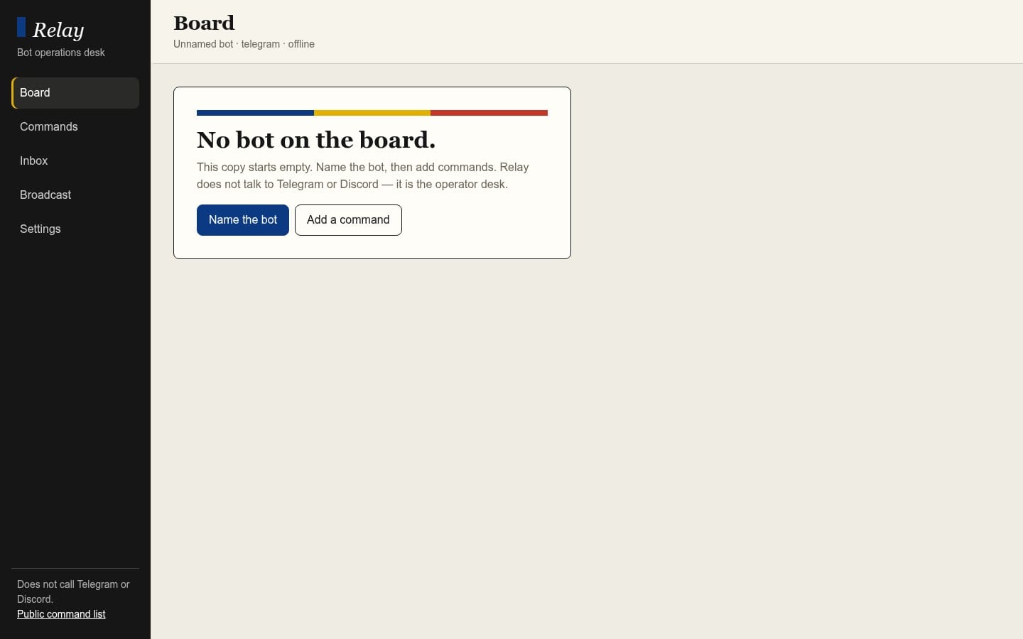 Relay bot operations desk HTML template interface with sidebar and empty board message