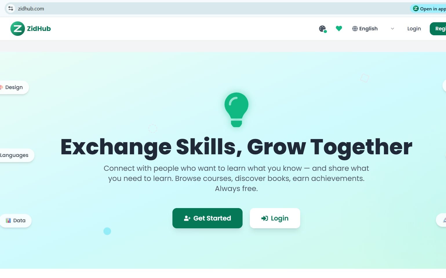 ZidHub website landing page with green lightbulb icon and login and get started buttons