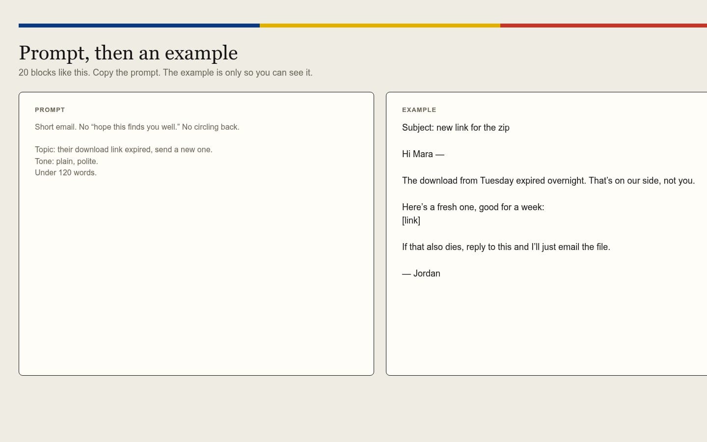 Offscript human-sounding writing prompts template with prompt and example email text