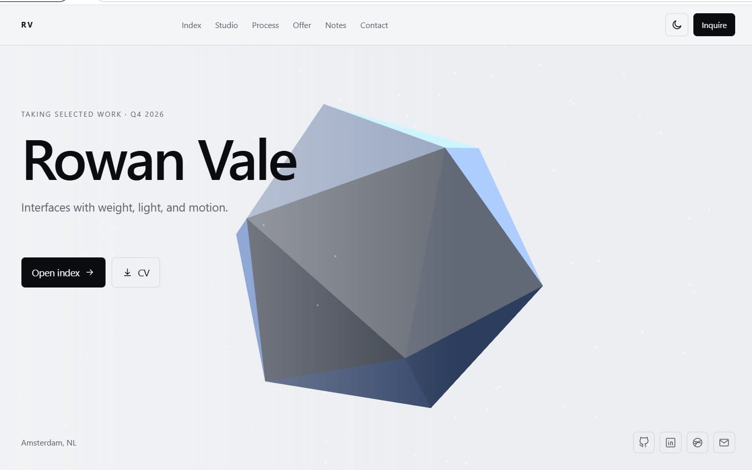 3D developer portfolio template homepage with navbar, title text, and floating polygon diamond graphic