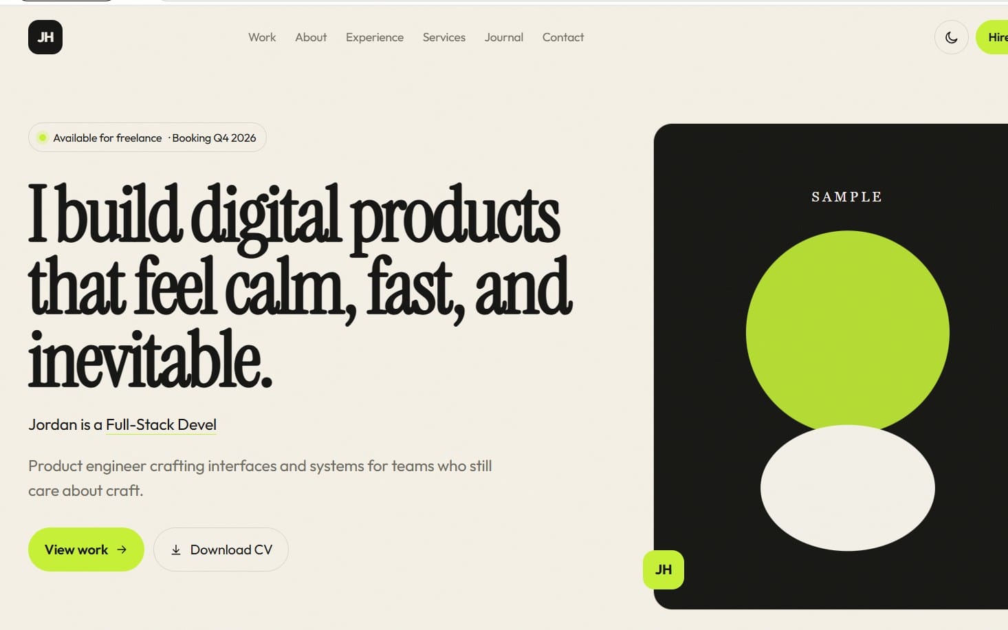 DevFolio developer portfolio template landing page with hero headline and sample avatar layout