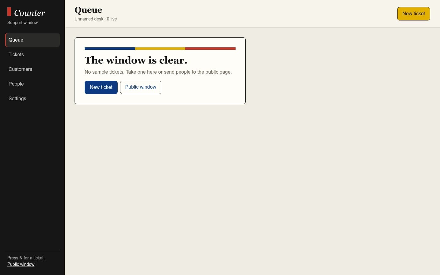 Support ticket desk HTML interface with Queue sidebar and New ticket buttons