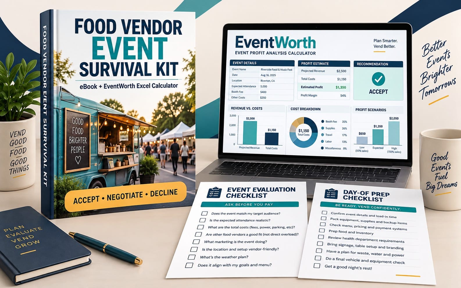 Food Vendor Event Survival Kit ebook and event profit calculator displayed on a laptop with checklist pages
