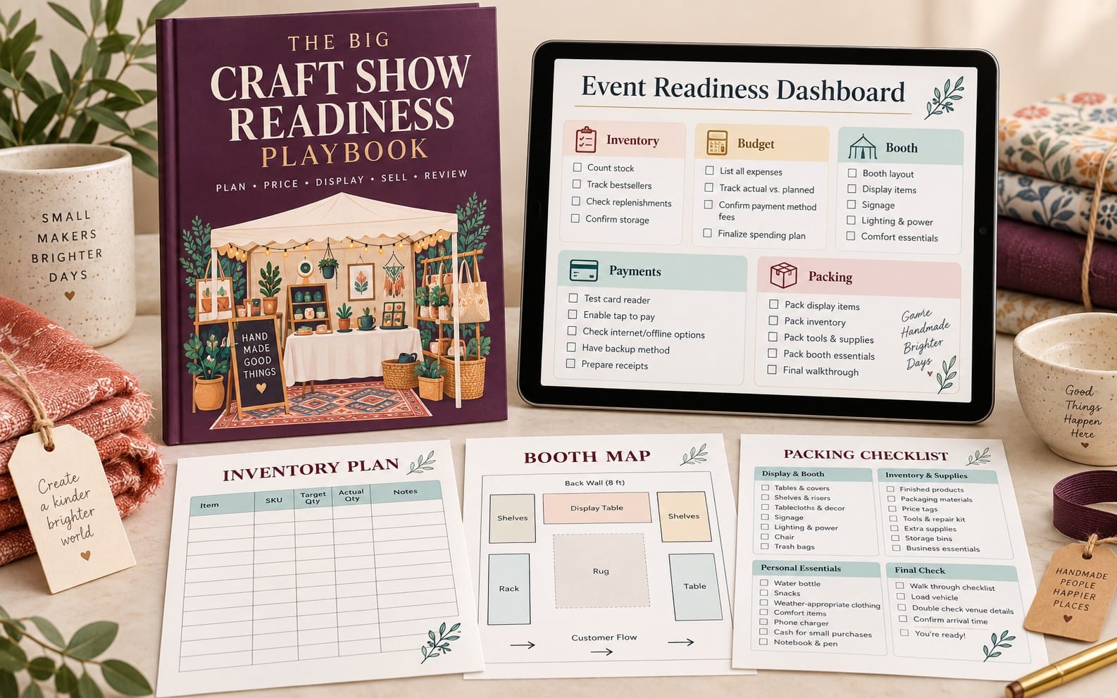 Craft show readiness kit with a playbook, event readiness dashboard, inventory plan, booth map, and packing checklist