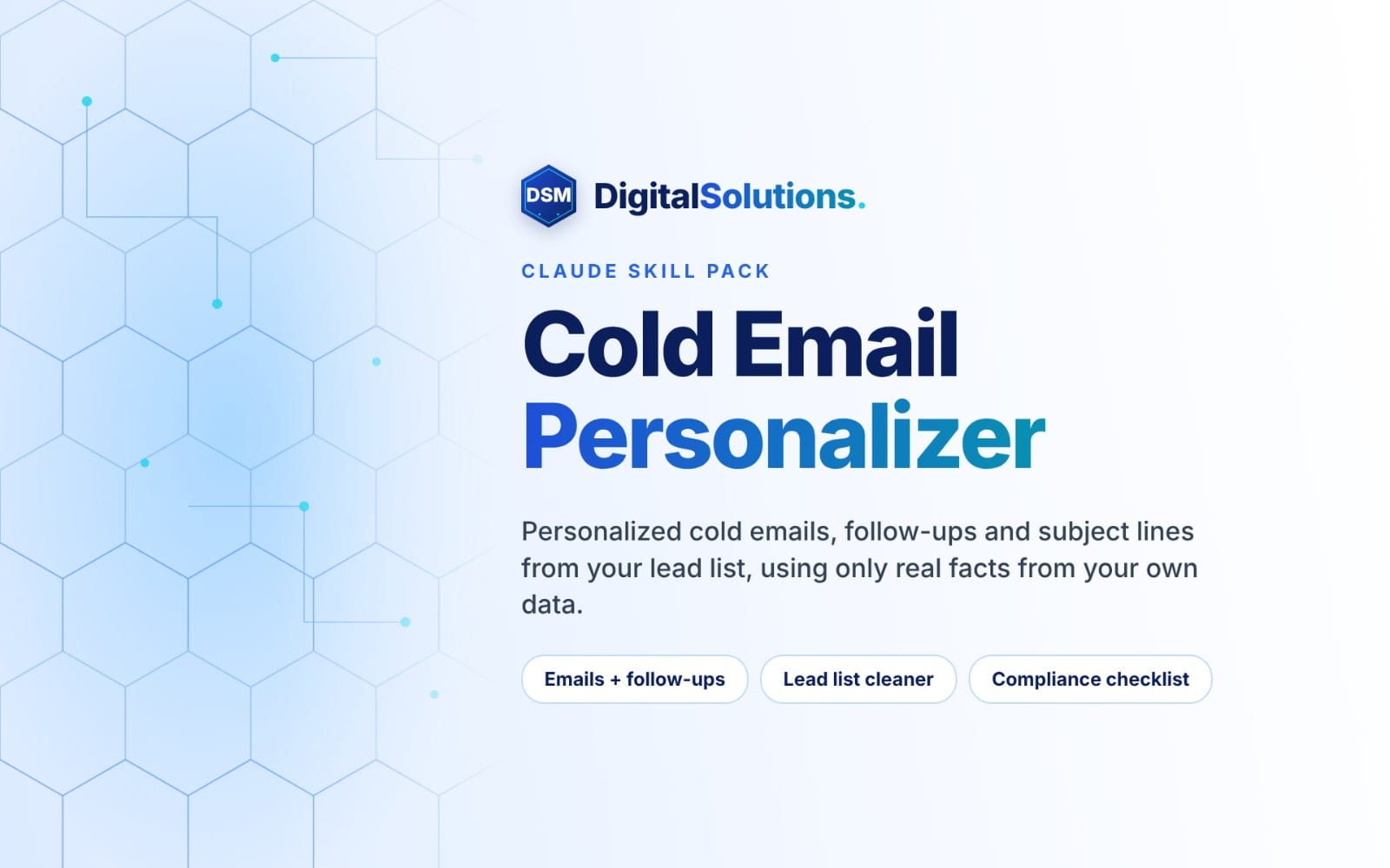 DigitalSkill Pack banner for Cold Email Personalizer using Claude, with DSM branding and feature labels