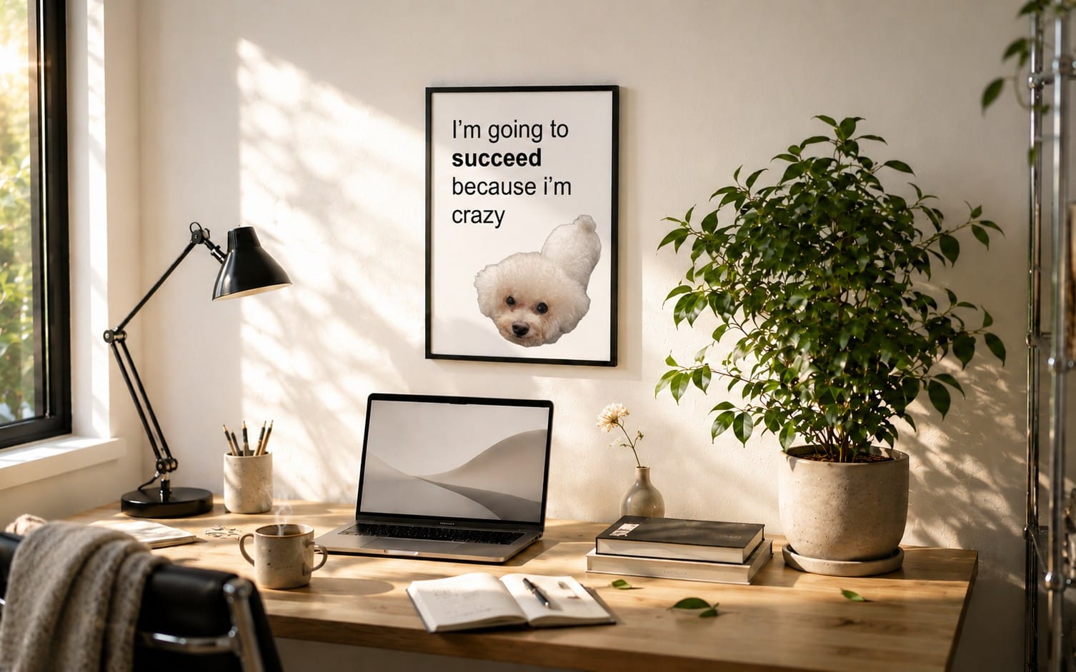 Framed motivational poster with funny text and a white dog face, displayed on a desk in a cozy room