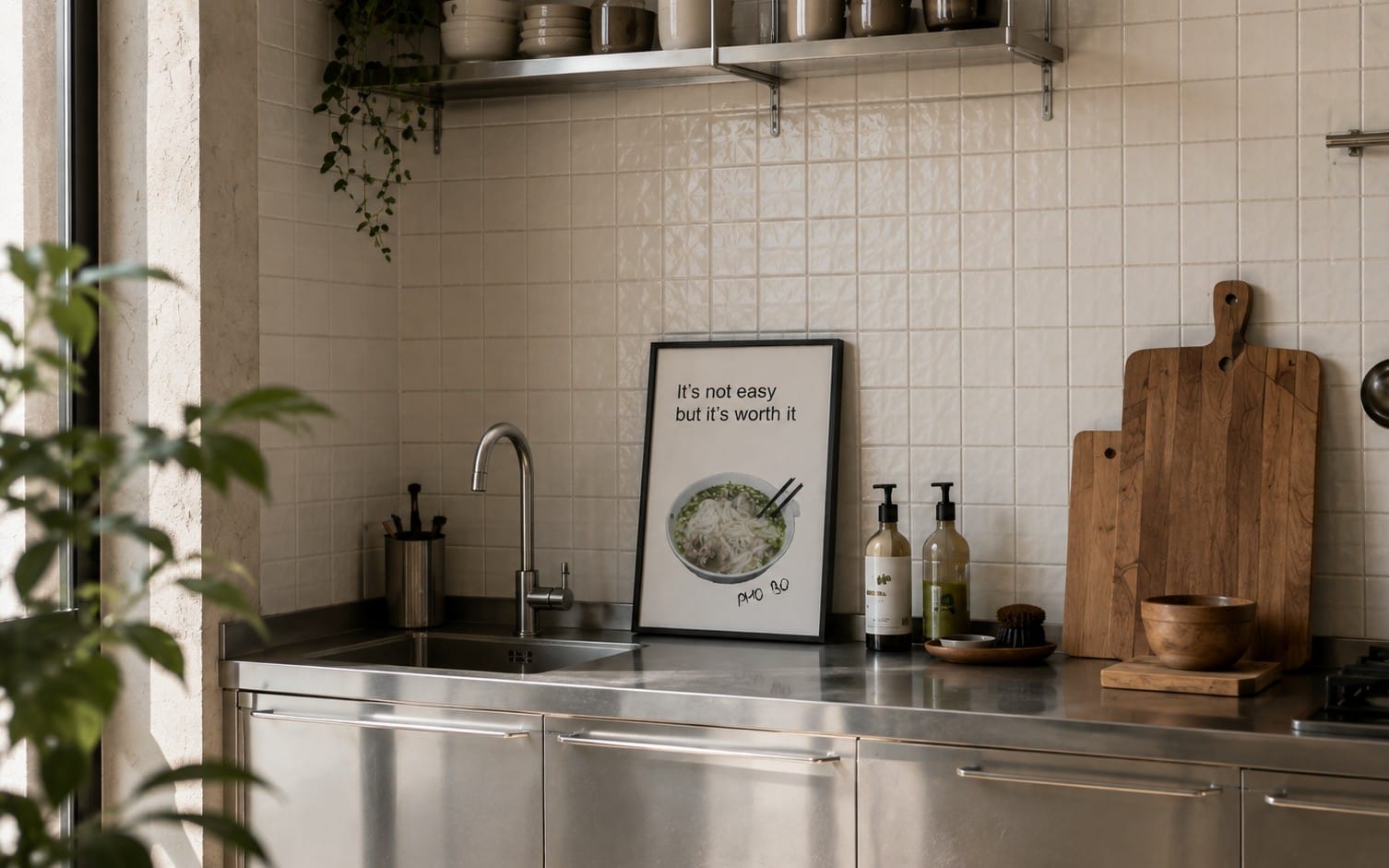 Funny pho bo quote poster print with bowl illustration and text It’s not easy but it’s worth it in kitchen setting