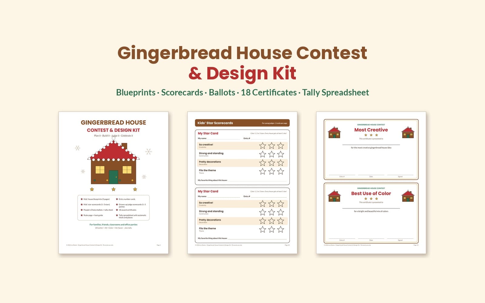 Printable gingerbread house contest kit shown as three pages with blueprints, scorecards, ballots, and certificates