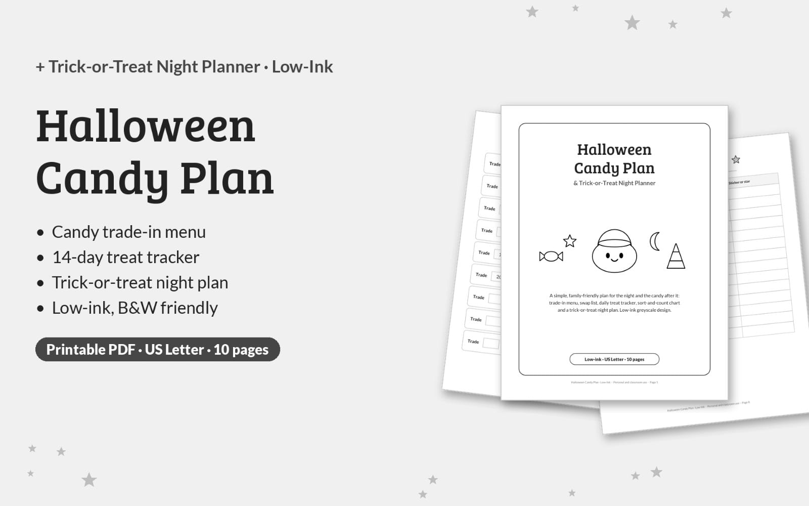 Printable Halloween Candy Plan and trick-or-treat night planner PDF with low-ink menu and tracker pages shown