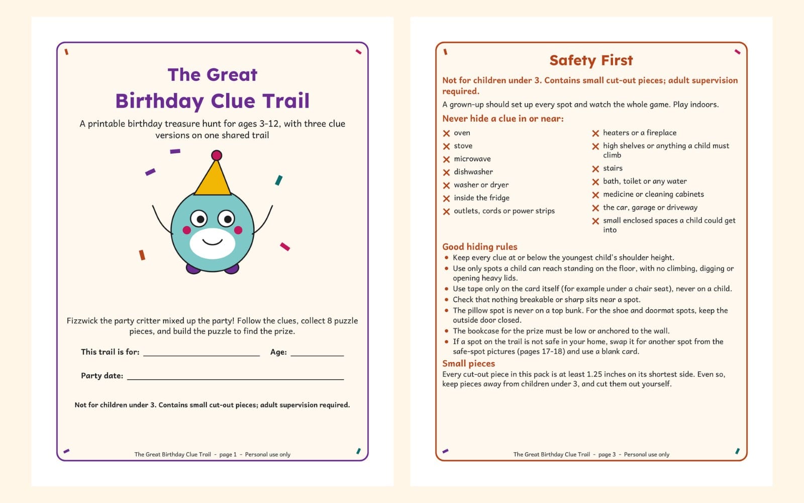 Printable birthday treasure hunt clue trail pages with colorful cartoon character and safety-first instructions