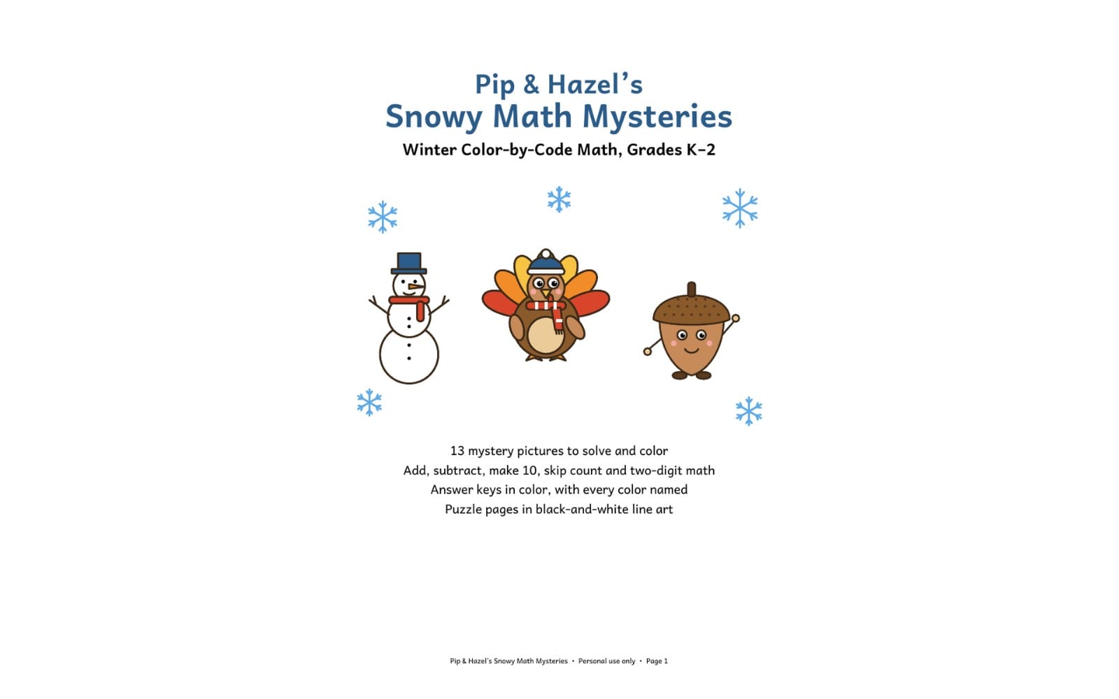 Winter color-by-code math workbook cover with snowman, turkey, and acorn characters for grades K–2