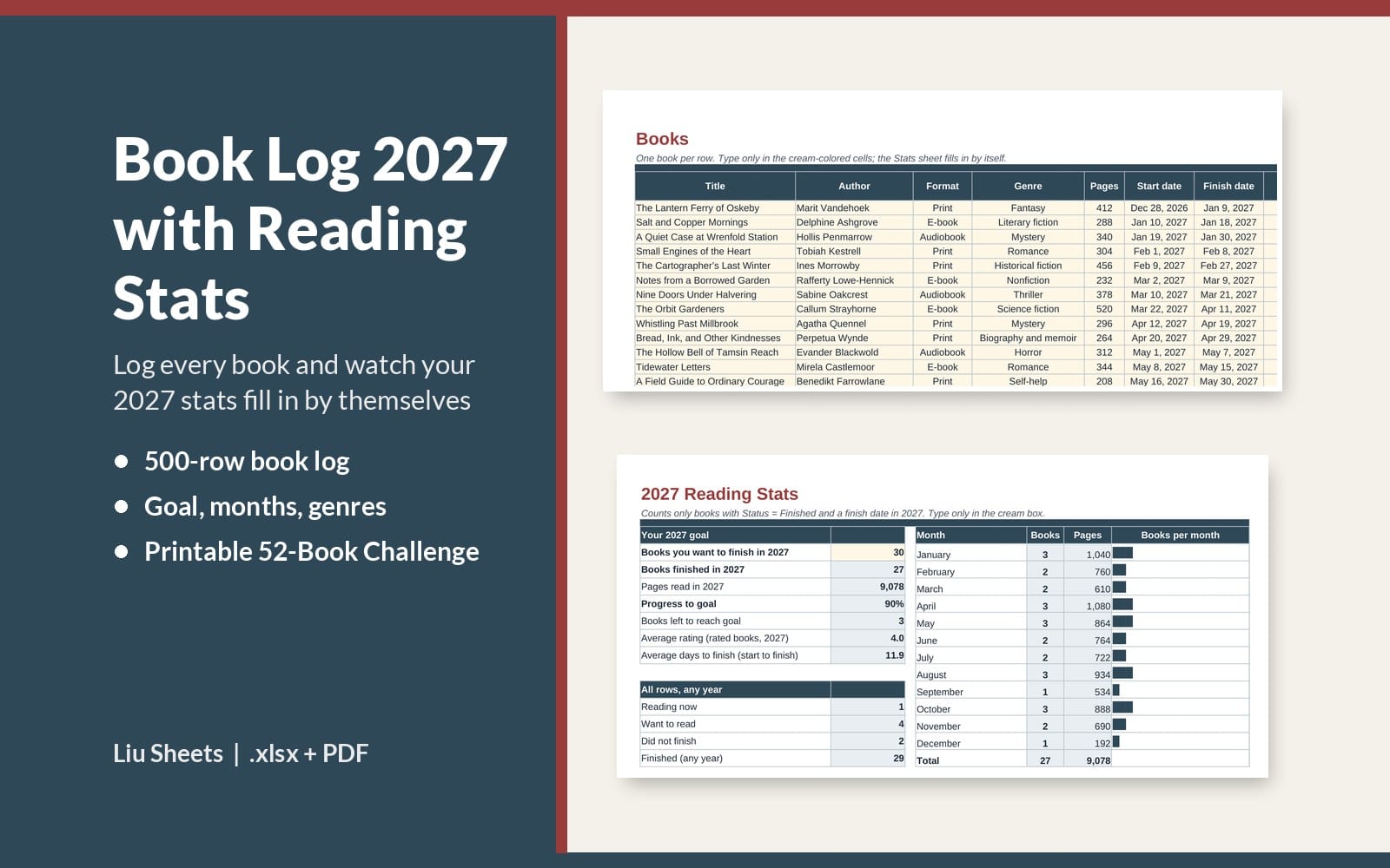 Book Log 2027 reading tracker spreadsheet and stats tables shown on an .xlsx product cover