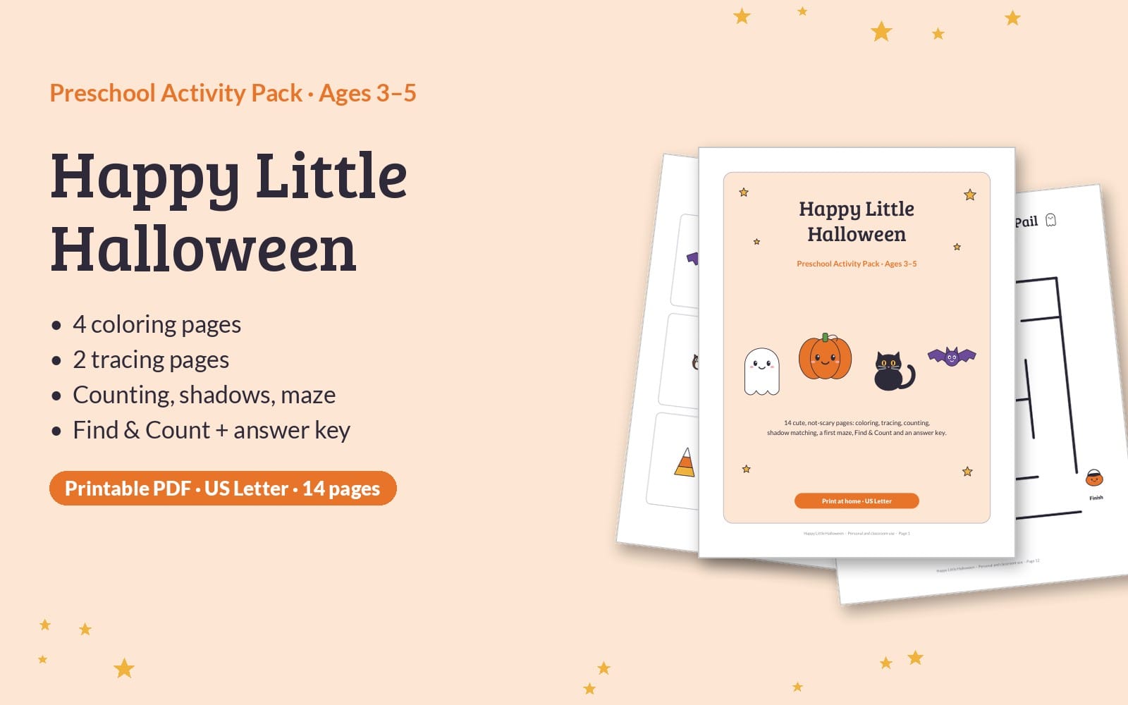 Happy Little Halloween Preschool Activity Pack – Not-Scary Printable for Ages 3–5: Coloring, Tracing, Counting, Maze, Find & Count