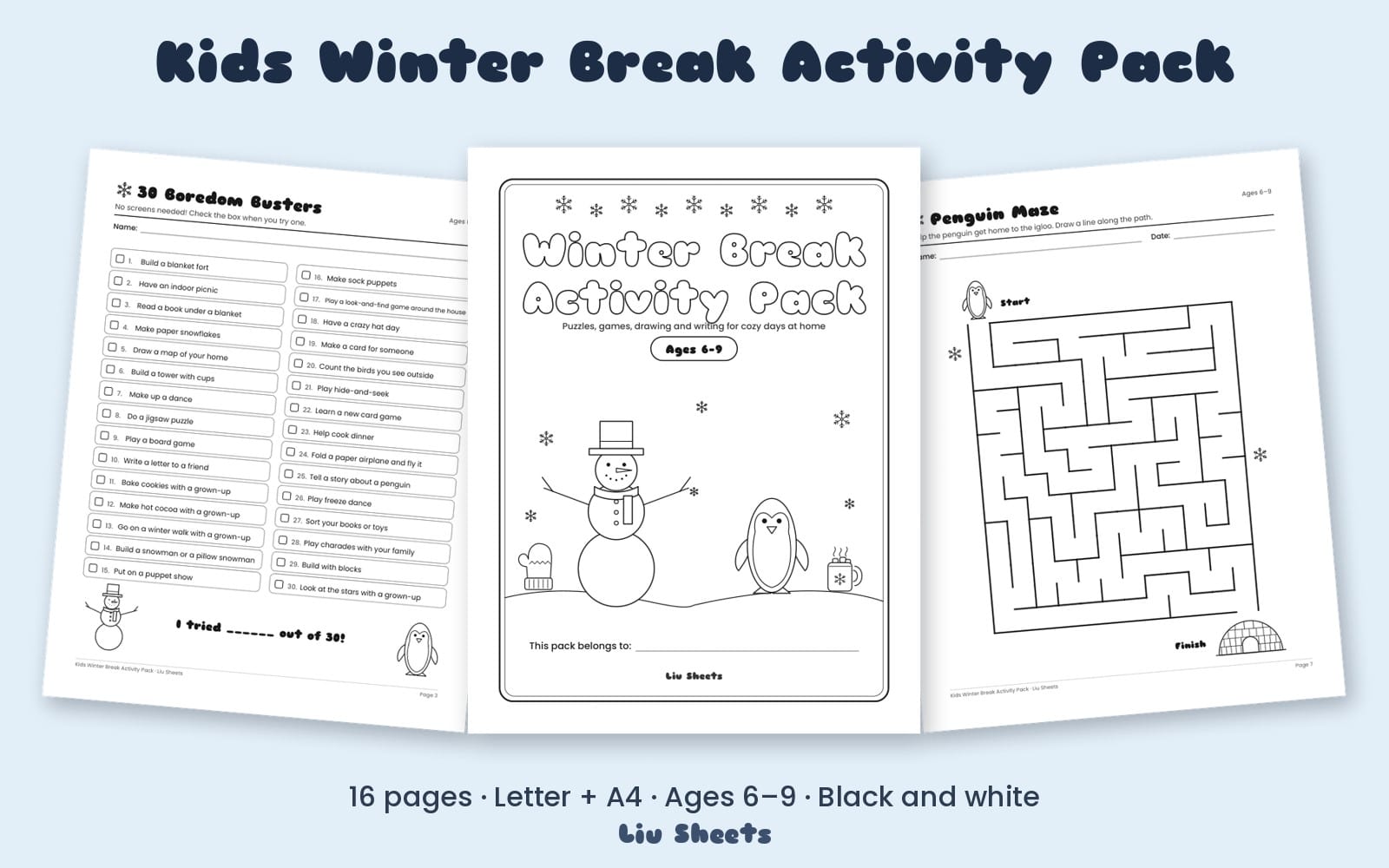 Winter Break kids activity pack worksheets showing word game, maze, and bingo pages with snowman and penguin drawings