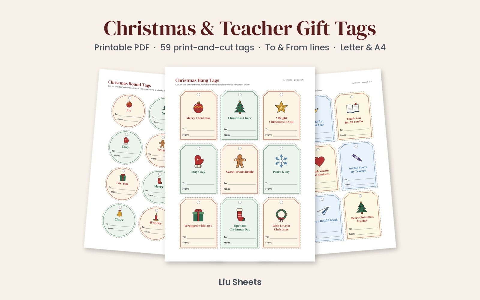 Printable Christmas and teacher gift tags PDF with round and hang tag designs and editable to-from lines on A4 and