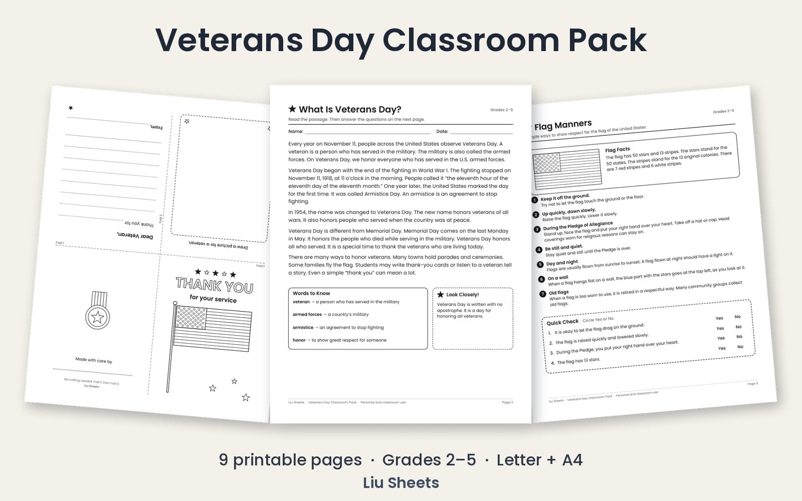 Veterans Day classroom activity pack with worksheets showing reading passage, flag manners facts, and a thank-you flag