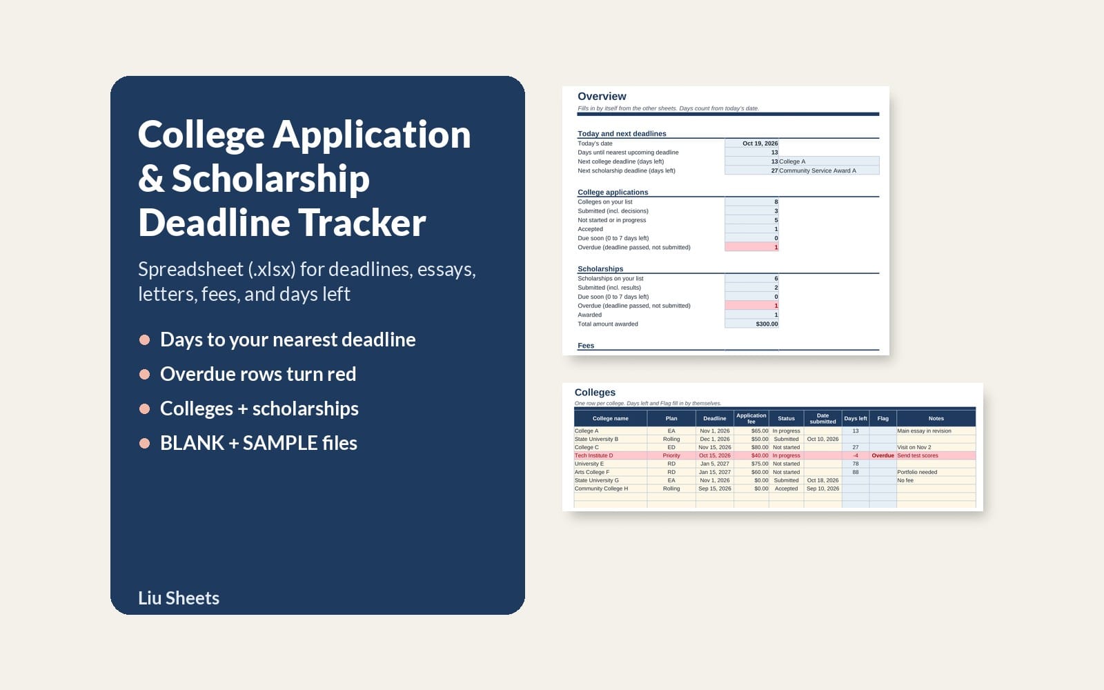 College application and scholarship deadline tracker spreadsheet XLSX with tabs for overview, colleges, and fees with