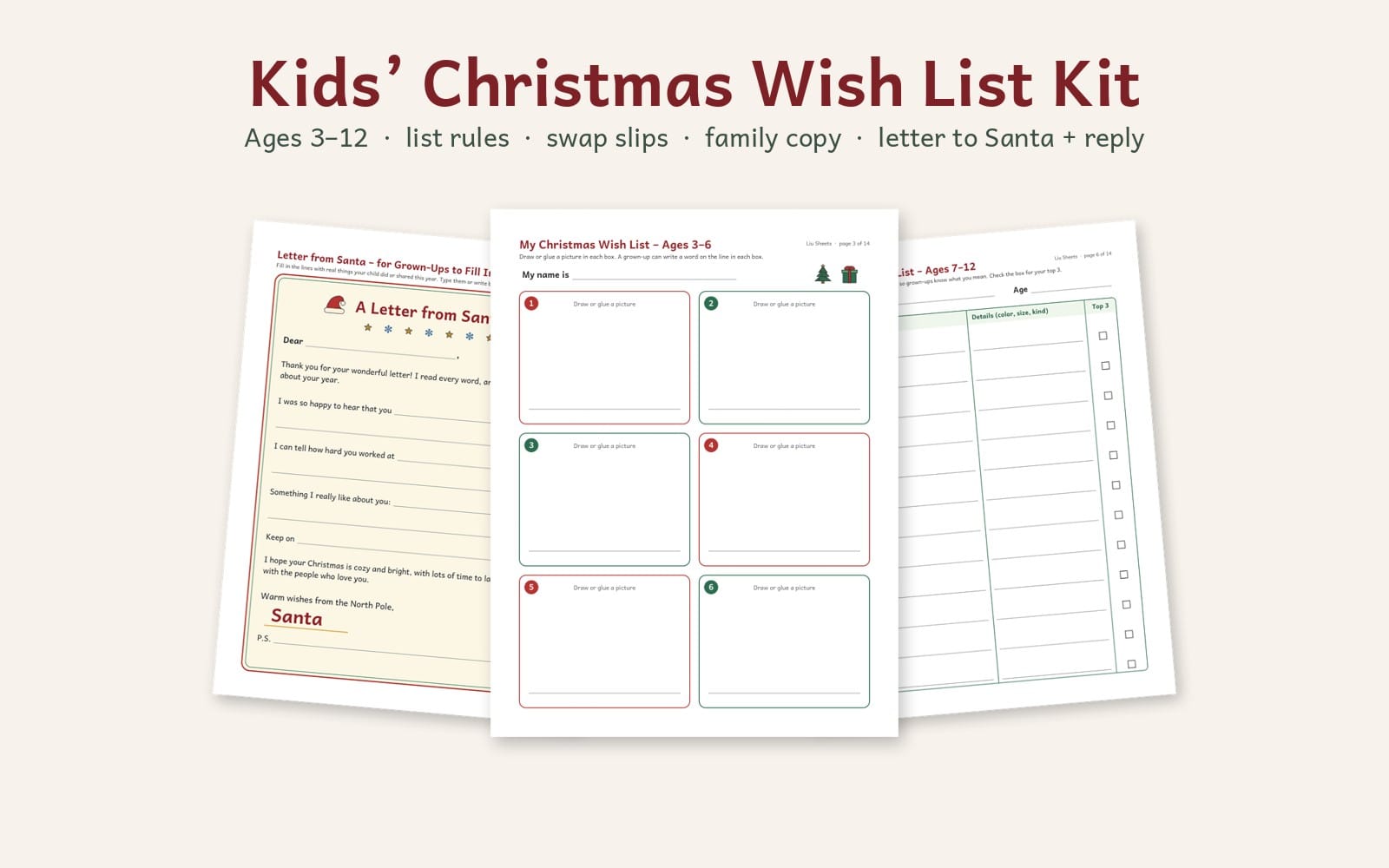 Kids Christmas wish list printable kit with Santa letter and reply forms and blank top-three selection boxes