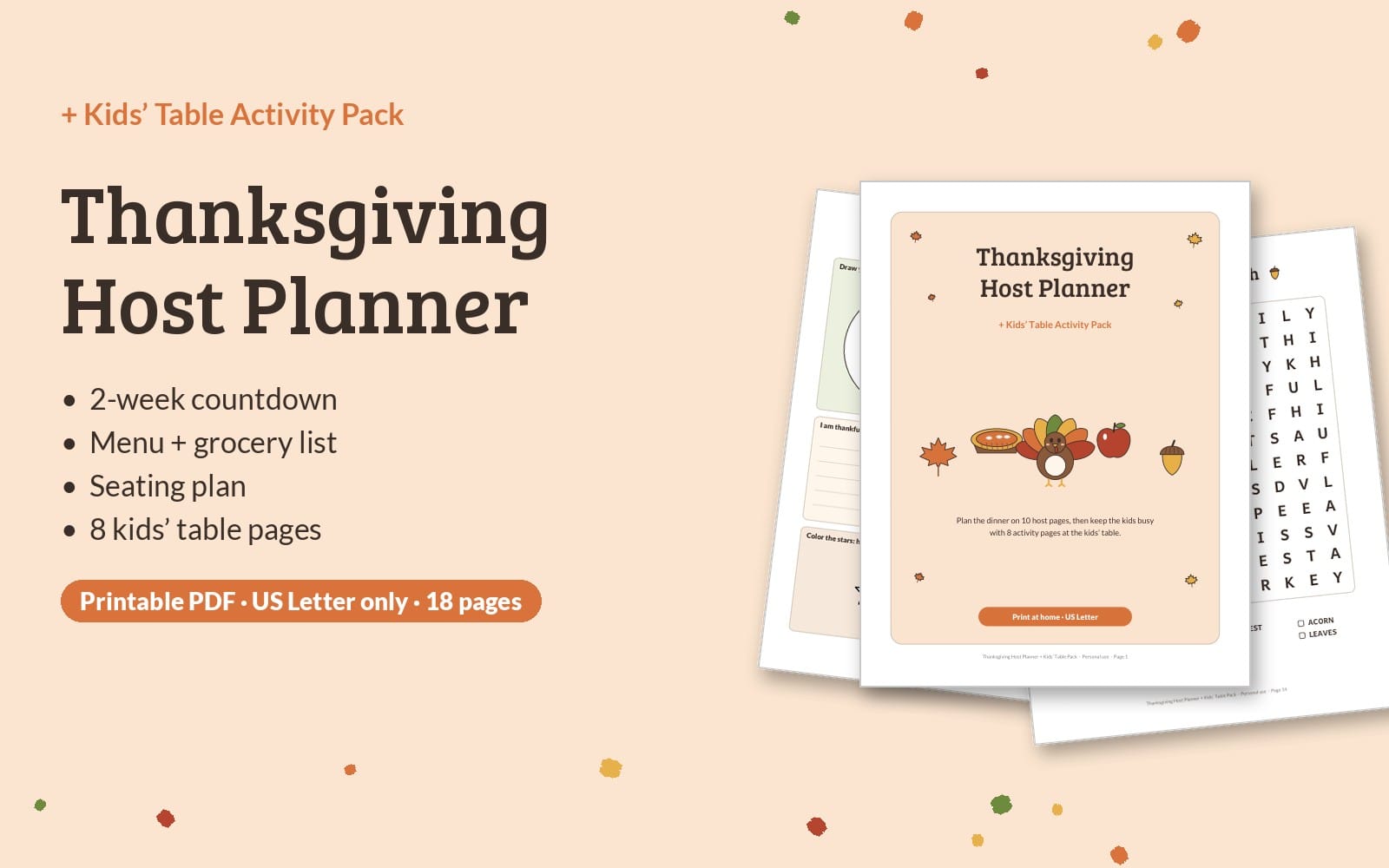 Thanksgiving host planner printable PDF with kids table activity pack cover page and menu seating plan pages preview