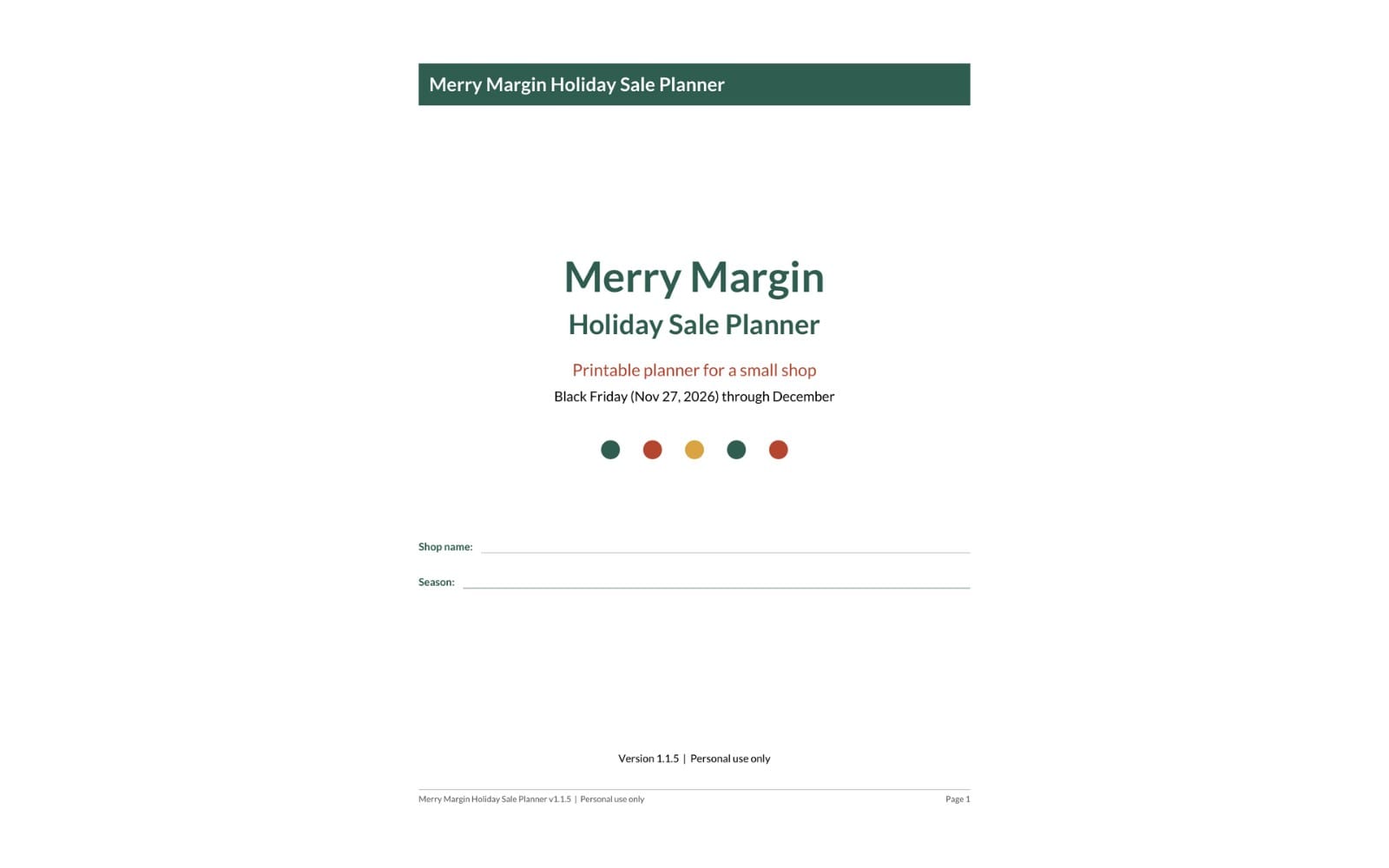 Printable Merry Margin holiday sale planner page with shop name and season fields, PDF and spreadsheet bundle preview