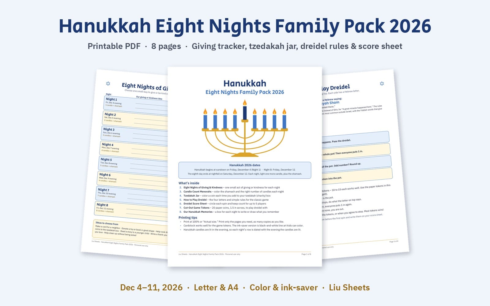 Hanukkah Eight Nights Family Pack printable PDF pages with menorah and text giving tracker tzedakah chart dreidel rules