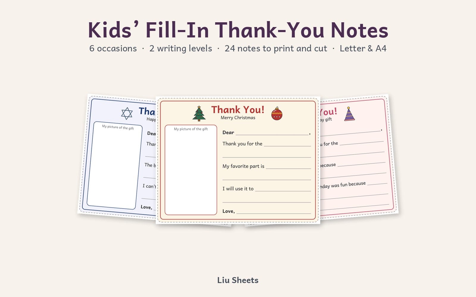 Set of printable kids fill-in thank-you notes cards with holiday themes and handwriting lines for writing