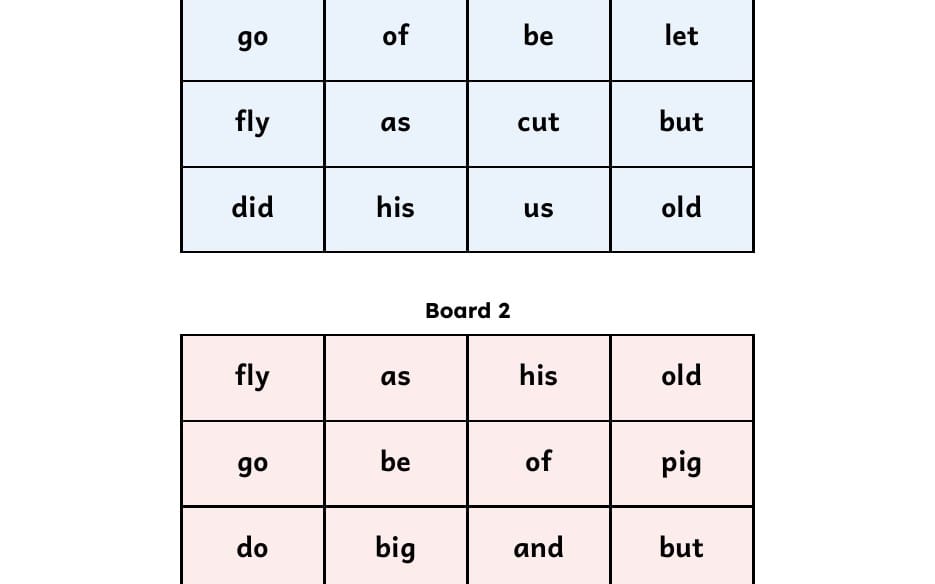 Printable sight word bingo board with squares of Level 1 sight words for a word play pack PDF