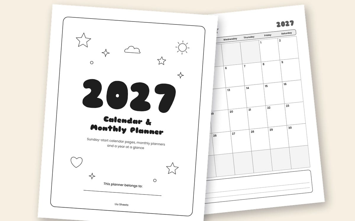 Printable 2027 Sunday-start calendar and monthly planner pages with illustrated doodles and a dated grid