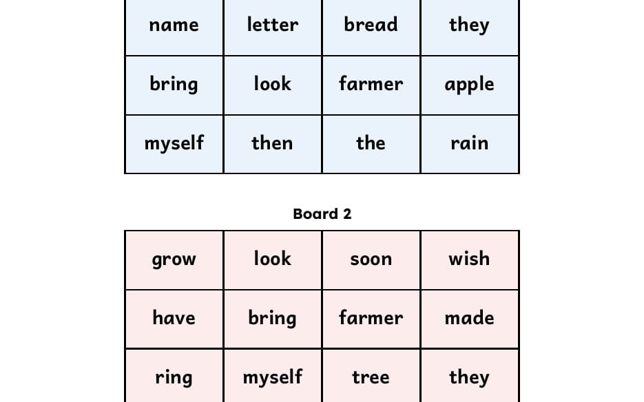 Printable sight word activity pack Level 4 PDF page showing word bingo grid with sight words in boxes