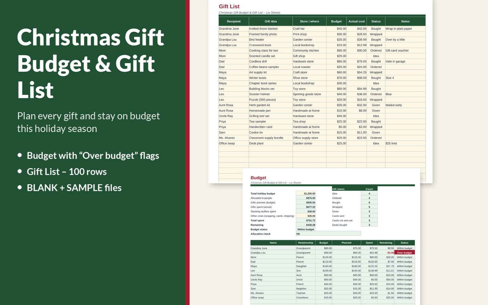 Christmas gift budget and gift list spreadsheet with recipient rows, costs, and status tracking in an XLSX file preview