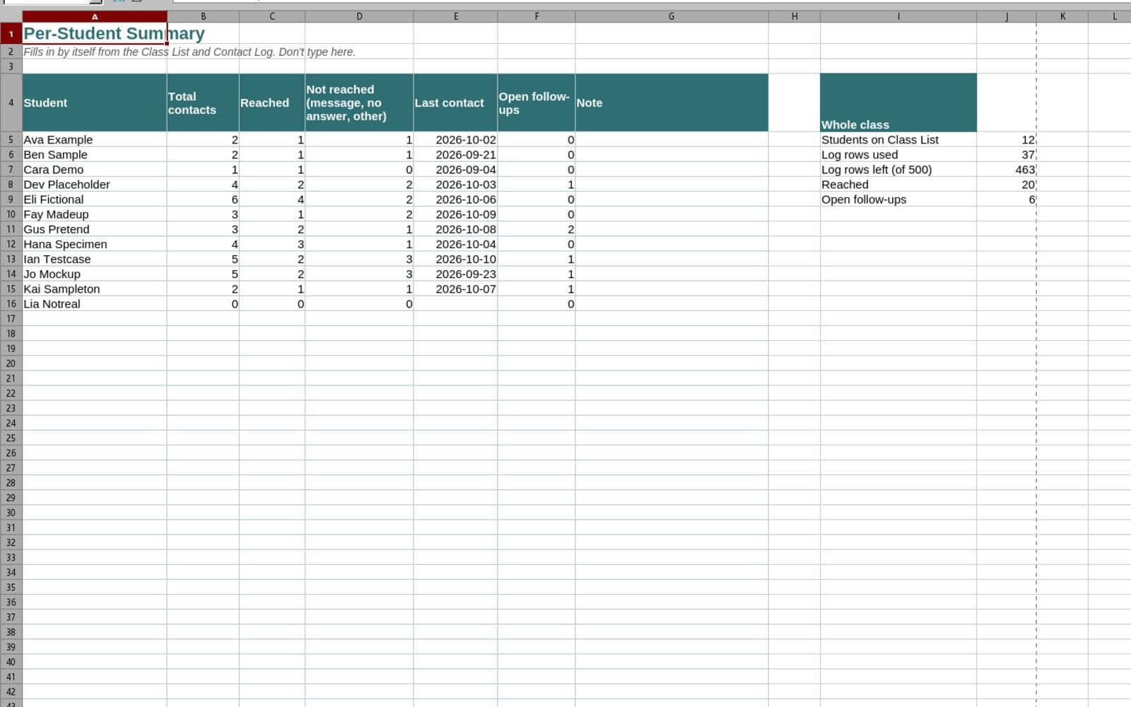 Teacher family contact log spreadsheet with per-student summary columns and rows for tracking calls and notes