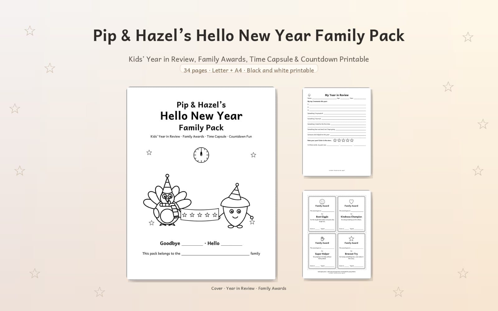 Printable New Year family pack cover and pages with kids year in review family awards time capsule countdown sheets