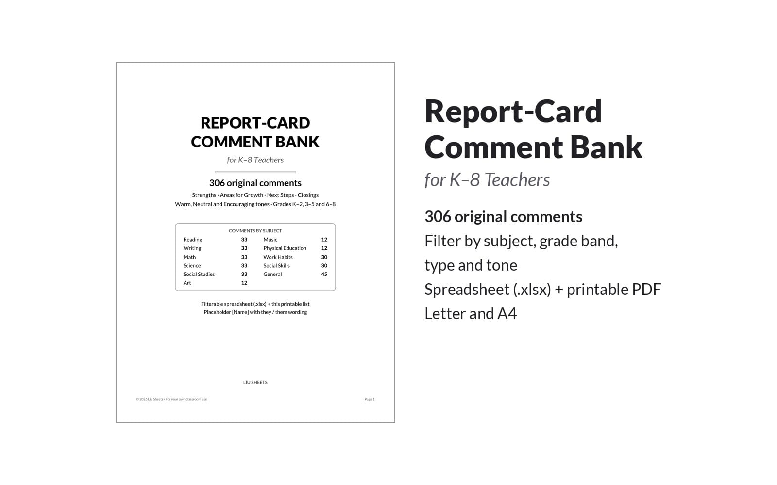 Report-card comment bank cover for K–8 teachers showing 306 comment options and filters, spreadsheet and PDF bundle