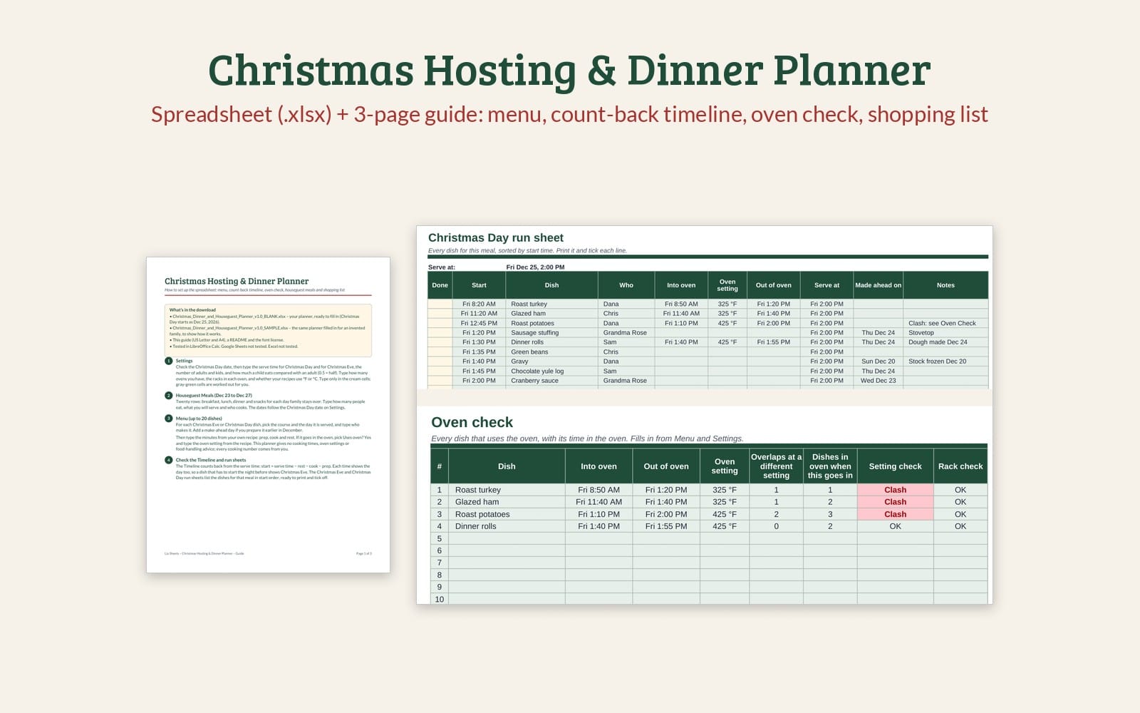 Christmas hosting dinner planner spreadsheet with menu, oven schedule, and shopping list in Excel workbook layout